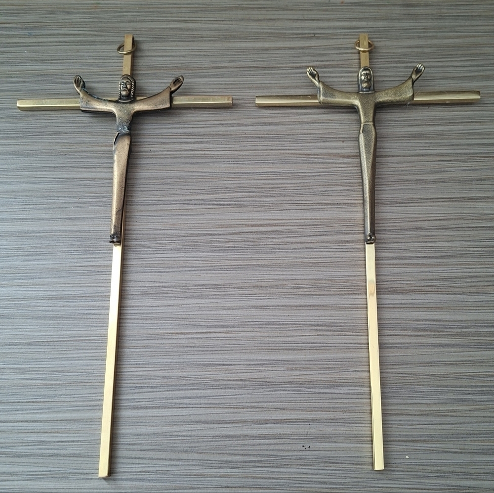 Vintage Set Of 2 Wall Decor Hanging Brass Jesus Cross Crucifix Religious 10"